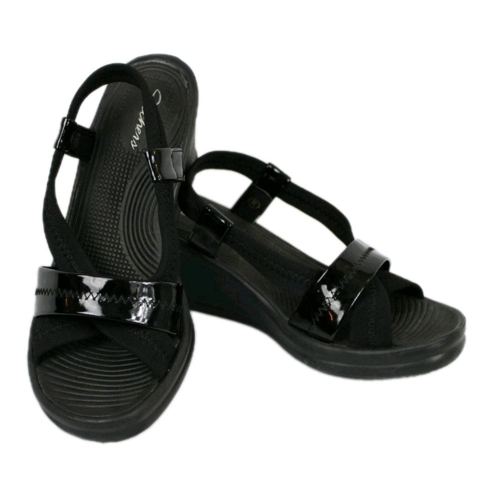 Skechers Cali Rumblers Womens Slingback Wedge Sandal SIze 8 Memory Foam Black